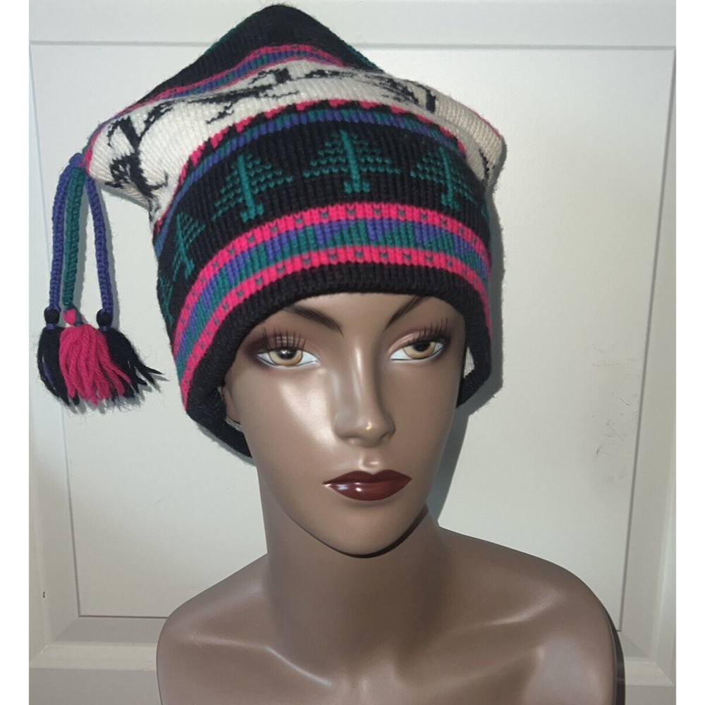 Vintage EUC Mountain Ladies & Ewe Wool Ski Hat/Beanie, Black/Green/Purple/Cream